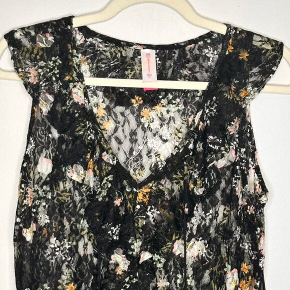 90S Y2K Sheer Black Floral Lace Top Womens L Whimsigoth Fairygrunge Ruffle Sheer - Picture 3 of 8